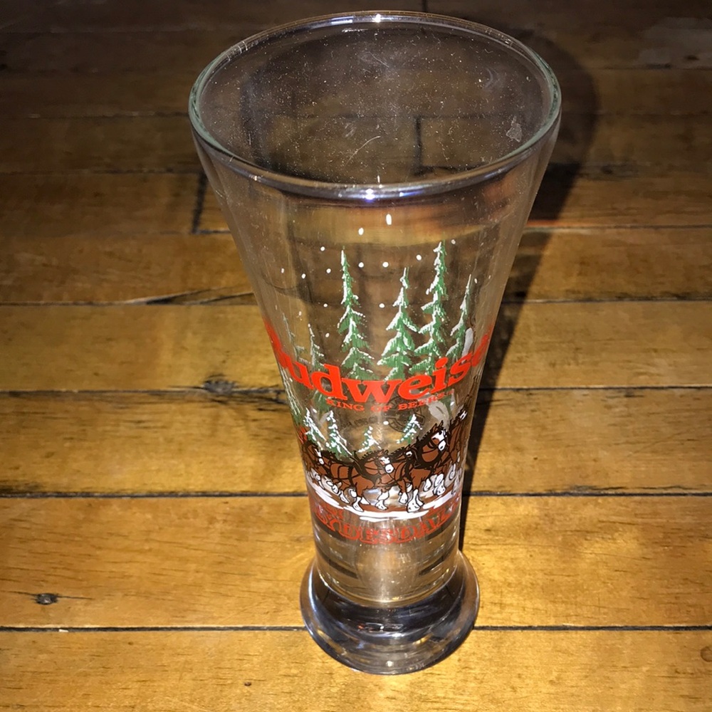 Budweiser Clear 1989 Pilsner Glass with Red Logo & Green Tree Graphics